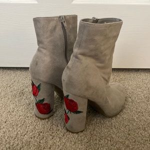 Gray with red rose heeled booties